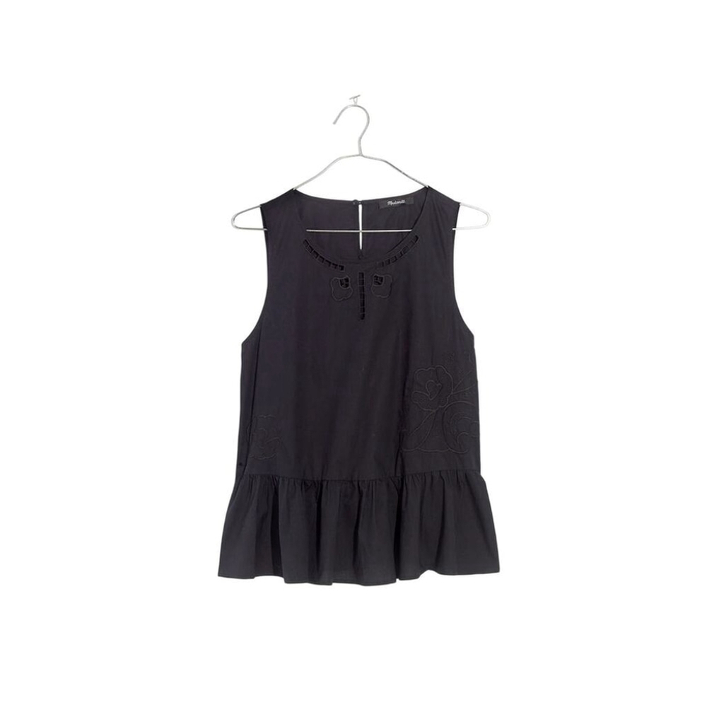 Madewell Black Embroidered Peplum Tank Top | Sleeveless Cotton Blouse – XXS